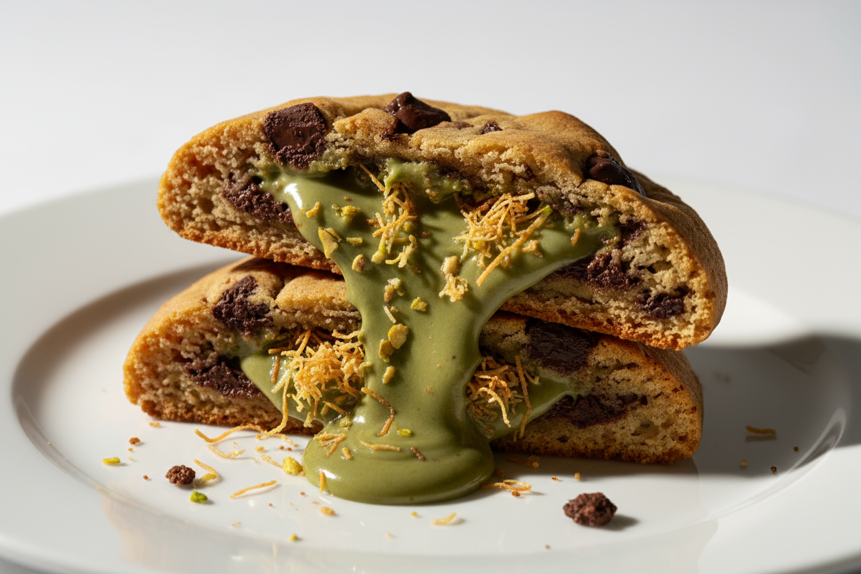 dubai chocolate stuffed cookie